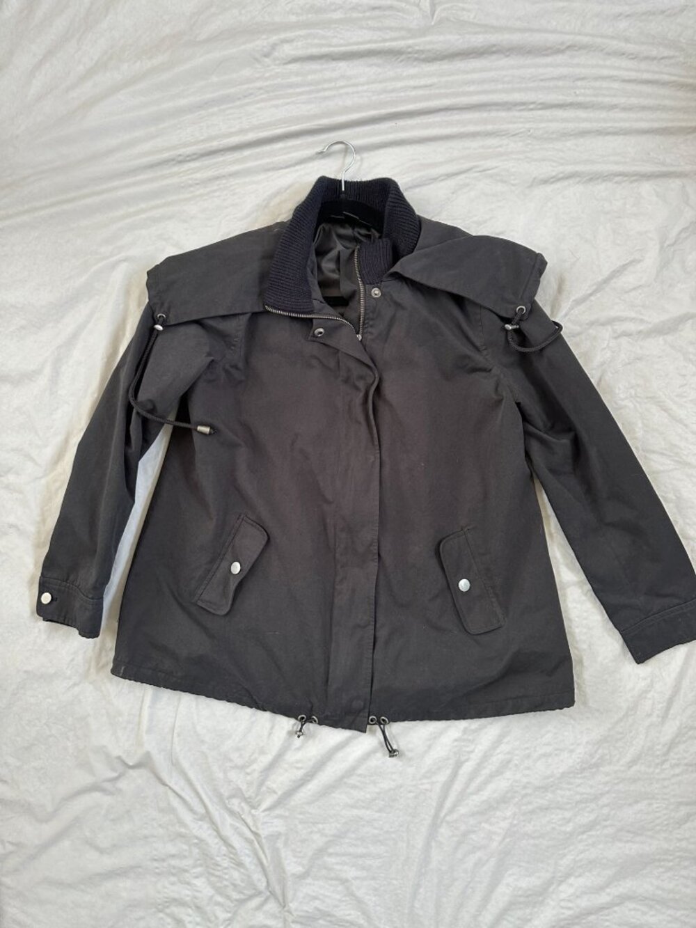 Style & Co Womens Black Hooded Raincoat Small Button & Zipper Cotton Blend